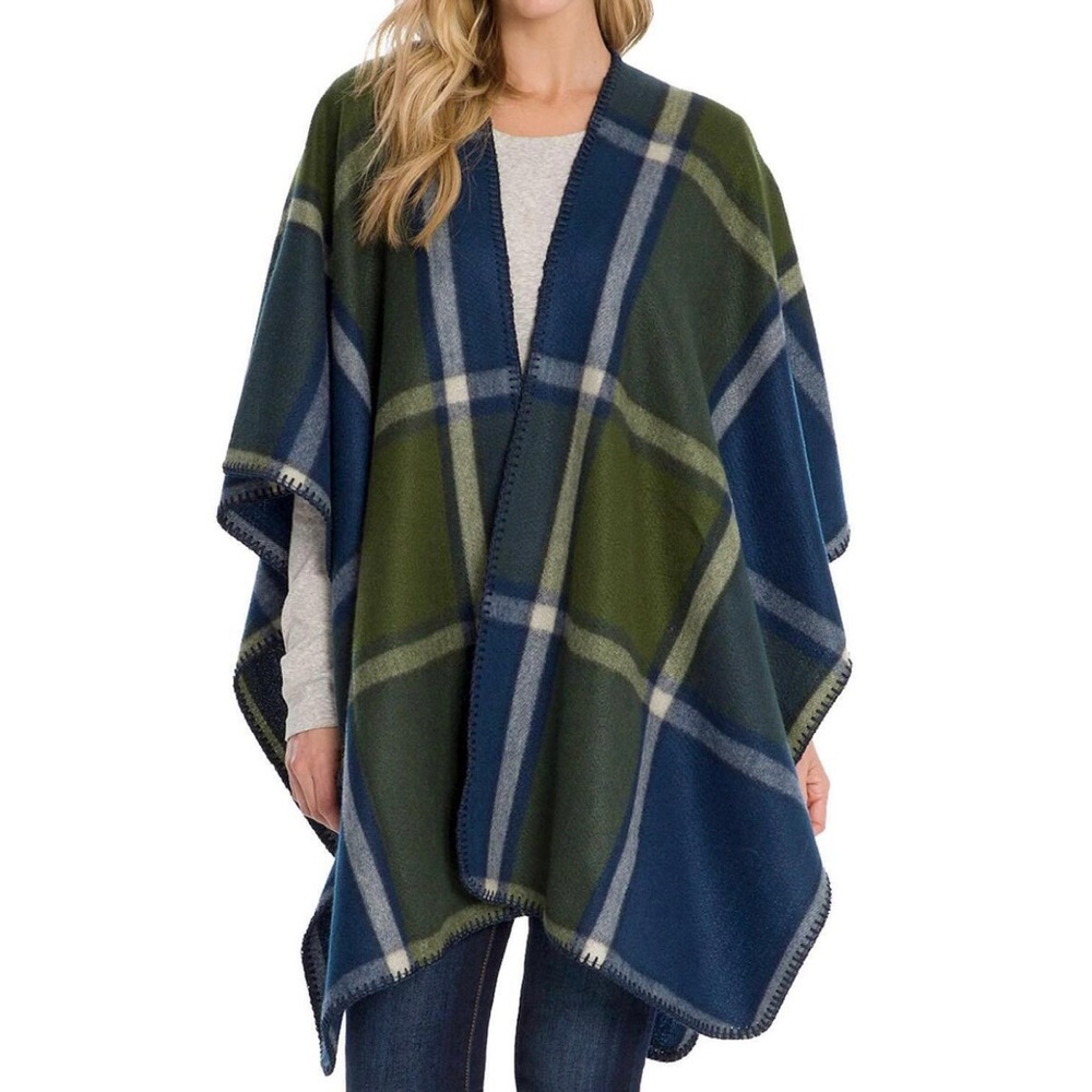 Woolrich Open Front Blanket Wrap in Green & Blue Plaid OS